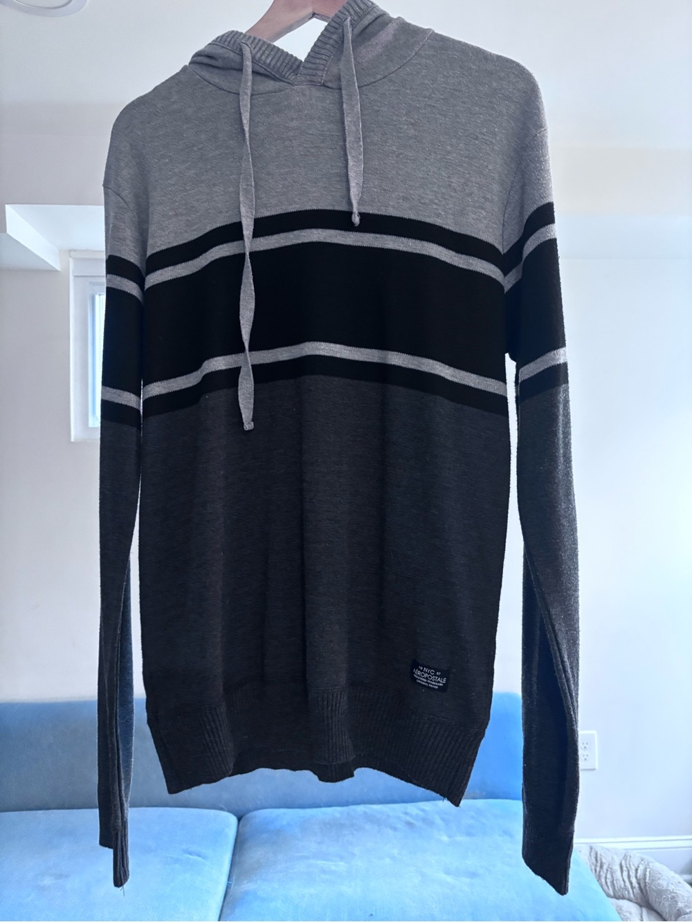 Aeropostale Gray and Black Striped Crewneck Hooded Sweater